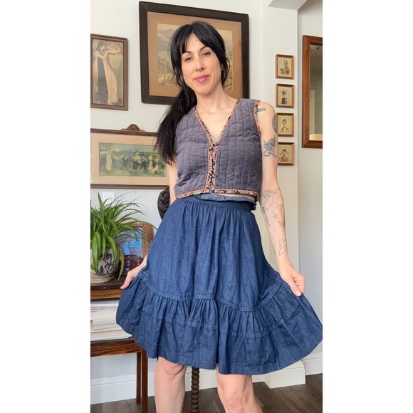 Vintage Dresses & Skirts - Vintage 70s Anne Gelb for Leo's Co. Tiered Ruffle Denim Western Prairie Skirt